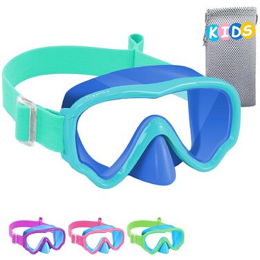 Дитячі маски для снорклінгу Vvinca з тканинним ремінцем, маски для плавання для дітей 3-14 років, хлопчиків та дівчаток, маска для дайвінгу 180° панорамний анти-затоплення (2-блакитний+зелений)