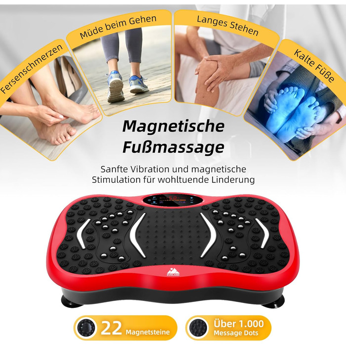 Вібраційна платформа EVOLAND з 5 програмами тренувань, Bluetooth, стрічки опору для всього тіла - червона