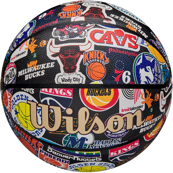 М'яч для баскетболу Wilson NBA All Team Retro, розмір 7. Ретро дизайн, технологія Dual Depth, поверхня Pure Feel, покращена повітряна утримання, класичні логотипи Hardwood.