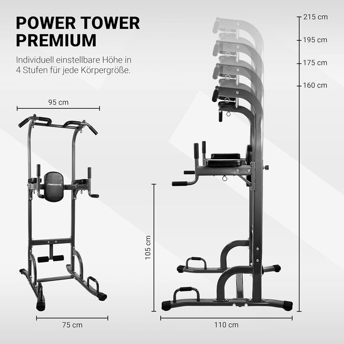 Силова станція Power Tower 7в1, багатофункціональна, регульована висота, з ручками для віджимань, 4 кільця для петльового тренування, для пресу та турнік
