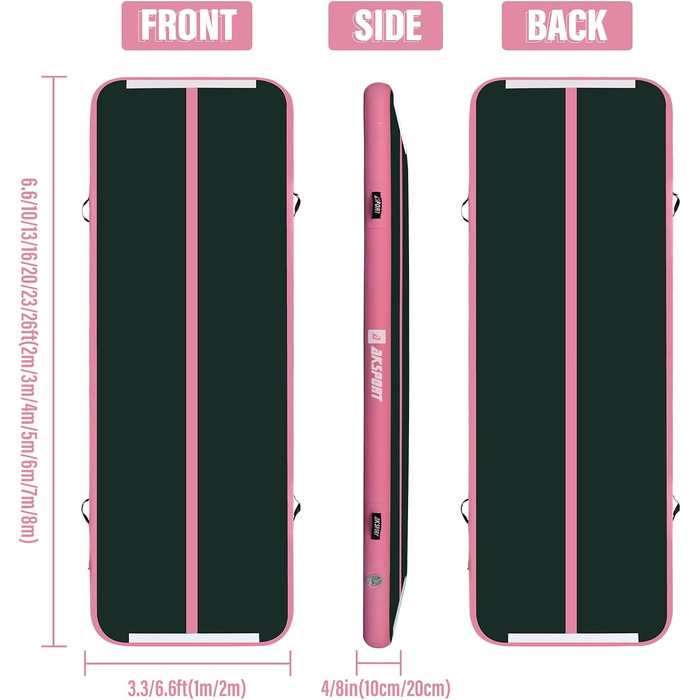 AKSPORT Килимок для гімнастики та акробатики Air Matte, 3/4/5/6м, 10/20см, з насосом, для дому, спортзалу, навчання, черлідингу (300x100x20см, чорно-зелений)