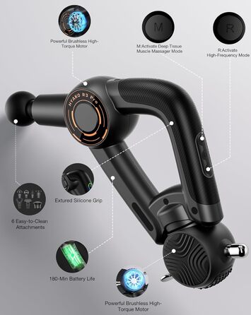 HYAKO R3 Pro 3-в-1 масажний пістолет 16 мм, високочастотний масажер для глибоких тканин, знімає біль у м’язах та скелеті всього тіла