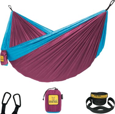 Гамак для кемпінгу Wise Owl Outfitters – односпальний або двоспальний, для дому та відпочинку на природі, з сумкою для зберігання, аксесуари для рюкзака та подорожей (Фуксія та небесно-блакитний, двоспальний)