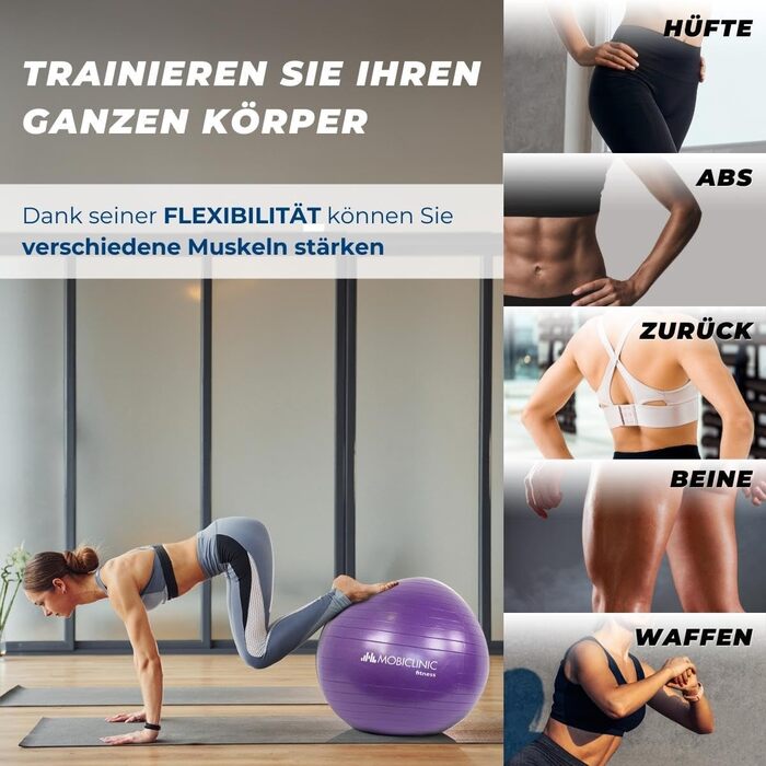 Мобіклінік фітнес-м'яч для занять спортом та реабілітації, 58 см, синій (фіолетовий), з насосом