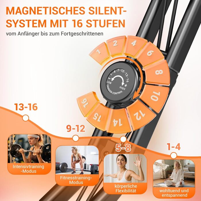 Ергометр UMAY Hometrainer 5-в-1: Велотренажер складаний для дому, магнітний, 16 рівнів, з пульсометром та LED дисплеєм, чорний, до 136 кг