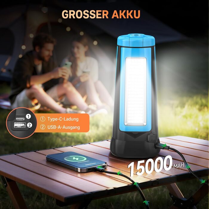 Портативна LED кемпінгова лампа 15000mAh з регулюванням яскравості, штативом, IP65, для кемпінгу, подорожей, будівництва та надзвичайних ситуацій, блакитна