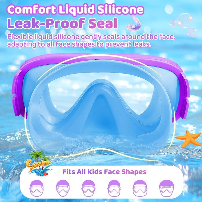 Дитячі маски для снорклінгу Vvinca: маска та трубка для плавання, 180° панорама, антизабруднення, для дітей 3-14 років (блакитний+фіолетовий)