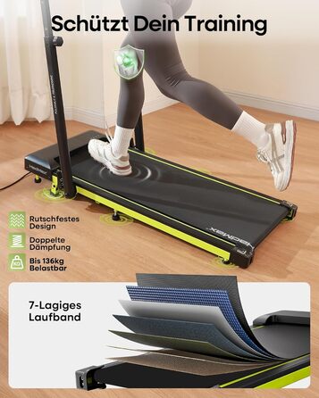 Бігова доріжка Walking Pad з нахилом 10%, 3.0 к.с., складна, для дому з магнітним пультом, LED-дисплеєм, висувними поручнями, 12 програм HIIT, до 136 кг, зелена