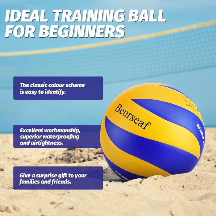 Волейбольний м'яч Beurseaf Soft Touch для пляжу та залу, розмір 5, блакитний та жовтий