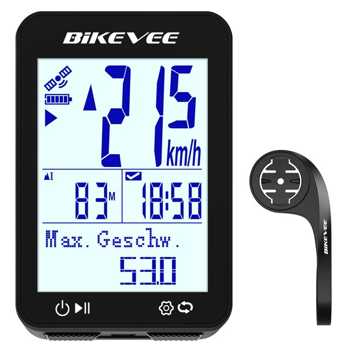 Велокомп'ютер GPS бездротовий, водонепроникний IPX7, екран 2.4'' FSTN, акумулятор 28 годин (чорний) з подовженим тримачем