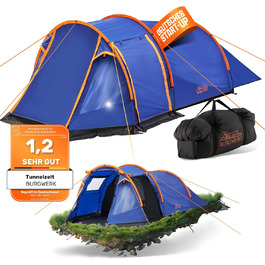 Намет туристичний Burgwerk Tunnelzelt для 3 осіб, водонепроникний, UV-захист 50+, міцний, для кемпінгу, сімейний, тунельний, синій