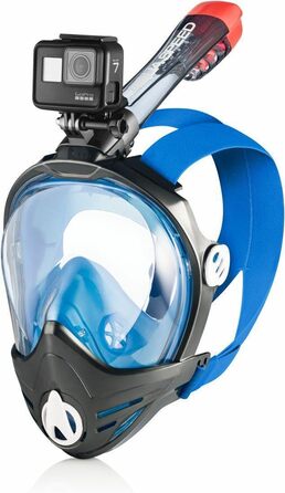 Маска для підводного плавання Aqua Speed BRIZO синя/чорна, повнолицева, з трубкою, для дорослих і дітей, 180° панорама, з кріпленням для камери, розмір L-XL