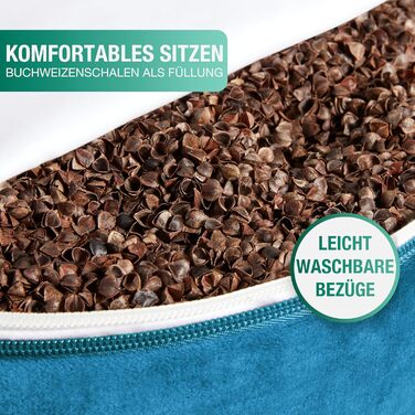 Йога подушка для медитації – Кругла подушка для йоги з наповнювачем з лушпини гречаної – Діаметр 30 см, висота 23 см, змивний оксамитовий чохол (Petrol)