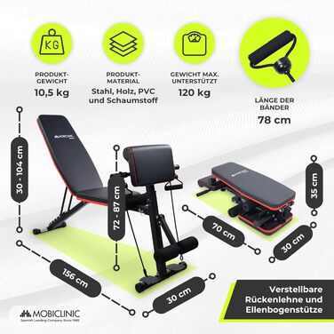 Багатофункціональна тренажерна лава Mobiclinic Planefit для силових тренувань, складана, 8 позицій регулювання, з еластичними стрічками-опорами та колесами для дому