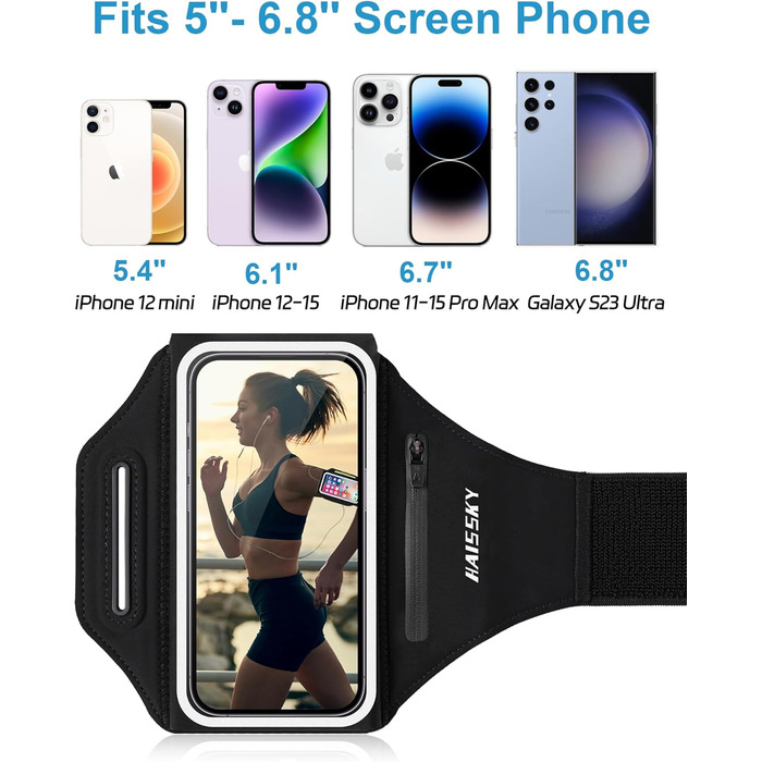 Чохол для телефону на руку для бігу з кишенею для навушників, на руку, для iPhone 17 16 15 14 13 12 11 Pro Max Galaxy S24 S23 Ultra, чорний