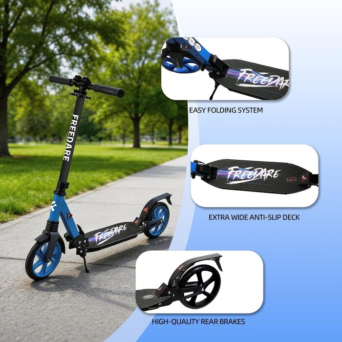 FREEDARE Cityroller: Скутер складний для дітей та дорослих, блакитний, 200 мм колеса, регульована висота, до 100 кг