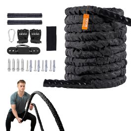 Тренувальне канат VEVOR Battle Rope - 9.1 м, поліестер, з захисною оболонкою та анкером. Для фітнесу вдома, тренування корпусу та пресу