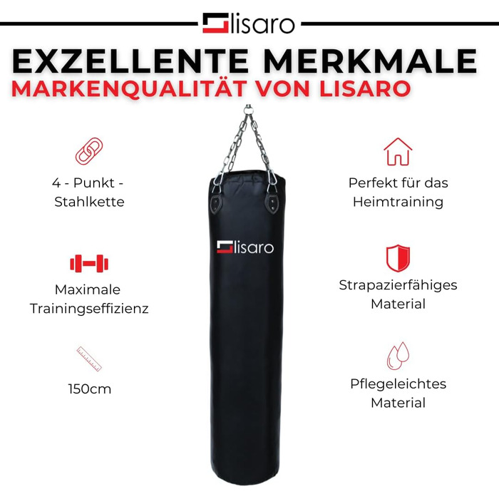 Боксерський мішок Lisaro Profi 150 x 35 см, наповнений, для боксу, кікбоксингу та MMA, штучна шкіра (вініл), з 4-точковим сталевим ланцюгом, чорний