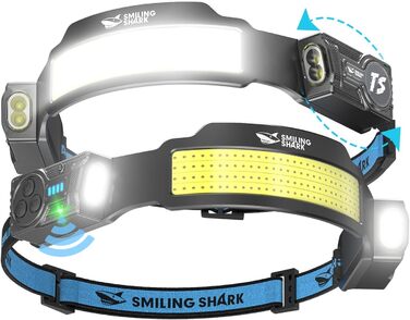 Налобний ліхтар Smiling Shark, 2 шт. Суперяскравий LED налобний ліхтар з регулюванням, датчиком руху, акумулятором 2400 mAh, 5 режимів. Ідеально для бігу, походів, кемпінгу.