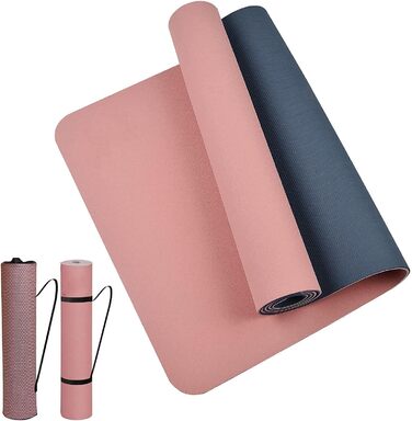 Йогамат (Yogamatte) 183x61x0.6 см, двостороння, антиковзка, водонепроникна, з сумкою та ременем. Для пілатесу, спорту, фітнесу, медитації (Блакитна троянда)