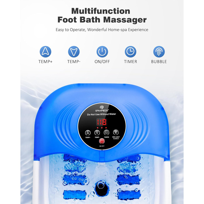 Ванночка для ніг з масажем та підігрівом, таймером – складана ванночка з бульбашками та пемзою, масажер для ніг з водою та 8 роликів – ідеальний подарунок (Блакитний)