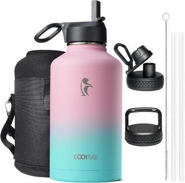Термос-бутилка Coolflask 2 л з трубочкою та 3 кришками, нержавіюча сталь, вакуумна ізоляція, для спорту та офісу, колір Bubble Gum