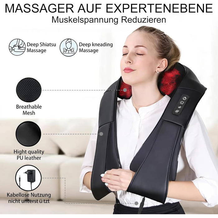 Масажер для шиї iKristin Shiatsu з підігрівом 3D, для зняття болю в шиї, спині, попереку, для всієї родини, чорний