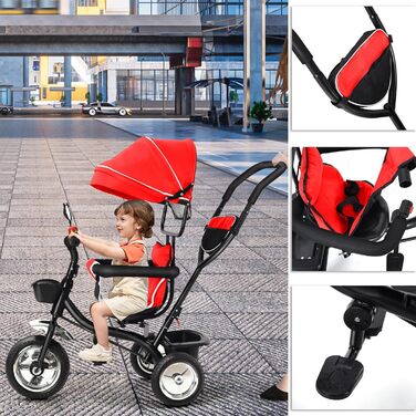 Триколісний велосипед 4 в 1 для дітей від 1 року з батьківською ручкою – дитячий триколіс для 1-4 роки до 25 кг, регульована батьківська ручка, поворотне сидіння, складаний козирок та кошик – компактний та безпечний (Червоний)