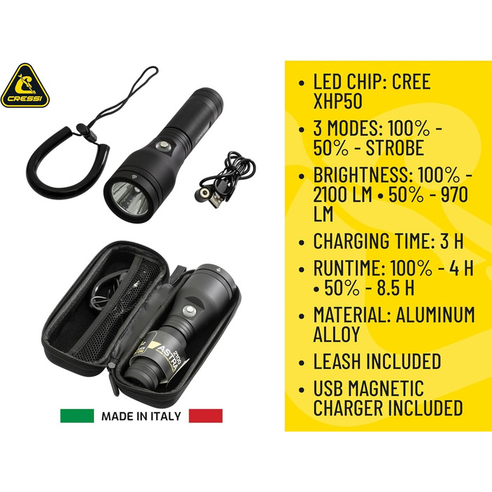 Ліхтар Cressi Astra Black - потужний LED-ліхтар для підводного плавання, риболовлі та досліджень, 2100 люмен, водонепроникний IPX8, 100м, унісекс, чорний