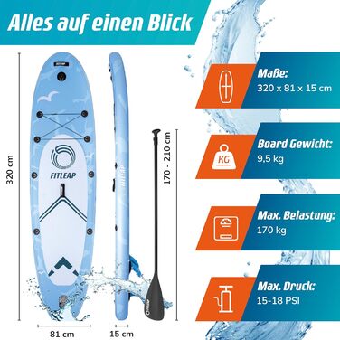 Надувна SUP-дошка Fitleap Premium з насосом, веслом і рюкзаком, синя, для йоги, серфінгу, водного спорту, 1 особа