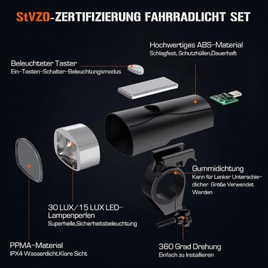 Набір LED-велофари STVZO: передній та задній ліхтар, водонепроникний, USB-зарядка