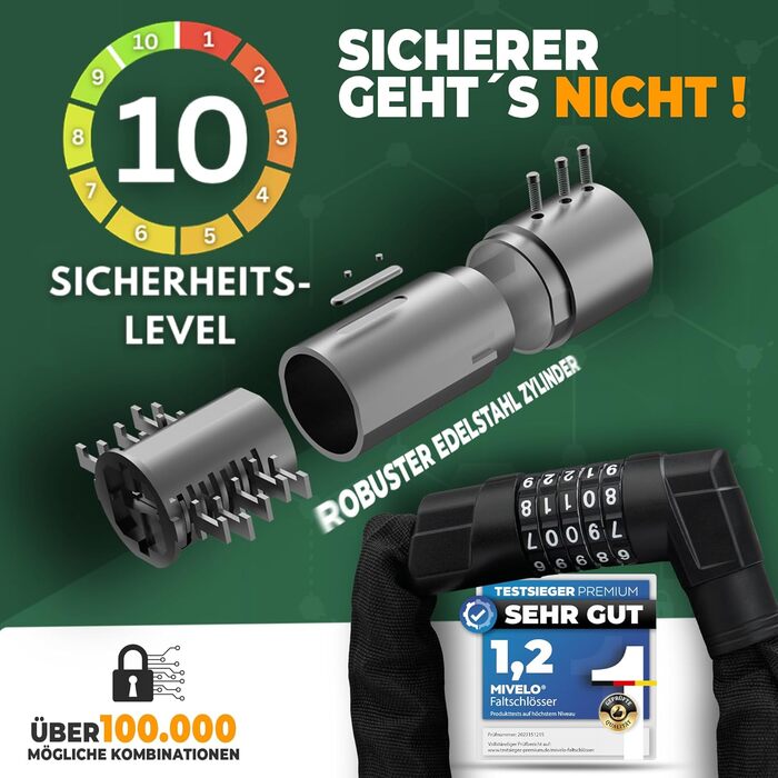 Замок для велосипеда MIVELO ланцюговий, 100 см, висока безпека. 8 мм загартована сталь, кодовий замок. Підходить для E-bike, MTB, шосе.