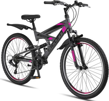 Гірський велосипед Licorne Bike Premium Strong V 24/26 дюймів для хлопців, дівчат, жінок і чоловіків, 21 швидкість, повна амортизація, антрацит/рожевий, 24 дюйми