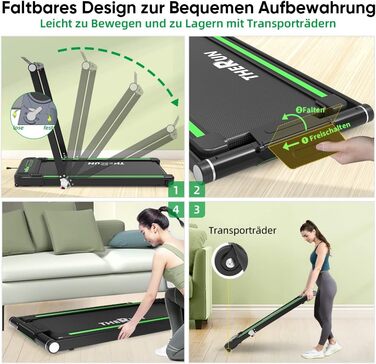 Електрична бігова доріжка THERUN Walking Pad, складана, зелена, ширина полотна 43 см, подвійна амортизація, сенсорний екран, 2.5 к.с., тиха робота, для дому та офісу