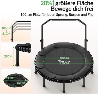 Міні-батут BCAN для дорослих, 102/122 см, до 204/250 кг, з бунжеєвими тросами, регульованою ручкою, стабільний, тихий, для дому та вулиці, тренування всього тіла, релаксація, зелений (122см, 122см-чорний з м'якою обшивкою)