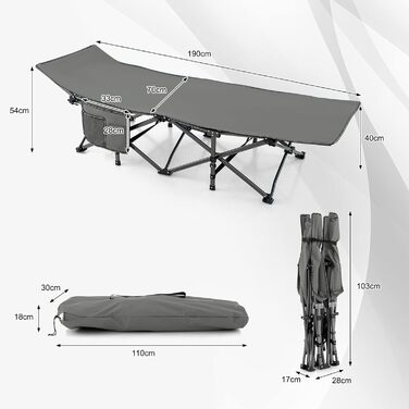 GYMAX Складне кемпінгове ліжко 185 x 67 x 54 см, вантажопідйомність 270 кг, з кишенею, у комплекті сумка, зелений (сірий)