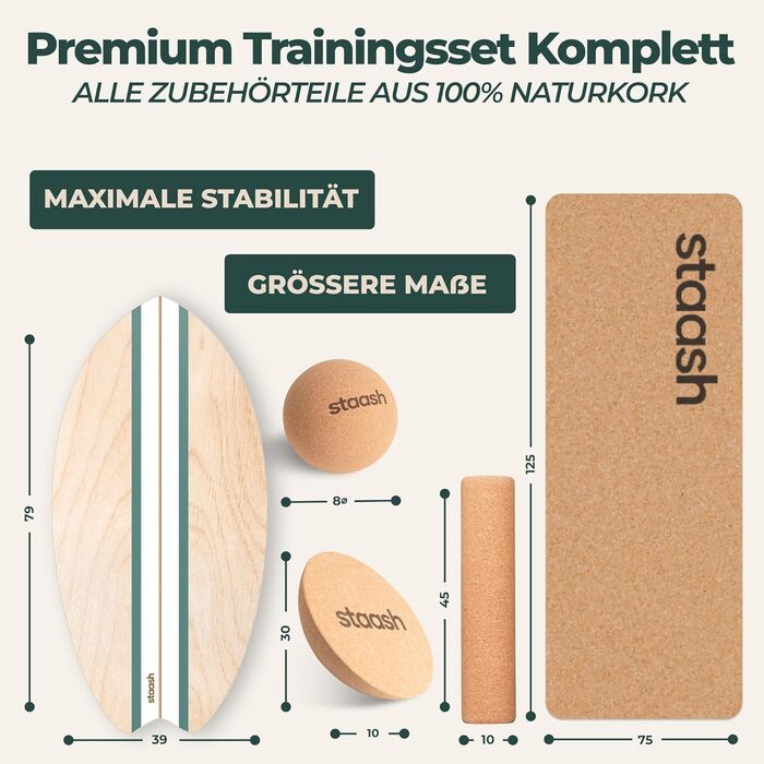 STAASH® PRO Балансборд з берези – Преміум 5-в-1 набір для балансу, фітнесу та реабілітації. Ролик + півсфера + килимок. Витримує до 150 кг. Колір: Лісовий зелений