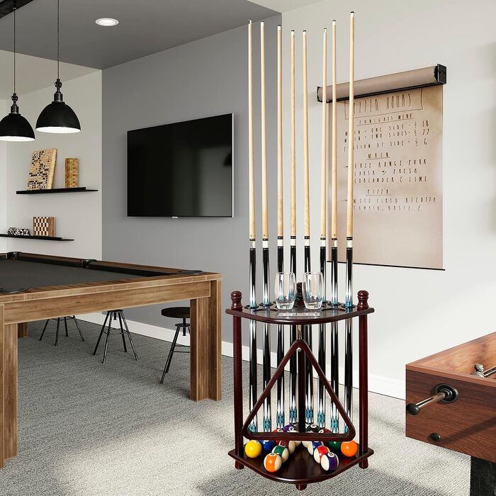 Підставка для київ для більярду на підлозі для 8 київ та аксесуарів, дерев'яна підставка для київ, кутова підставка з гачками та табло (махагон)