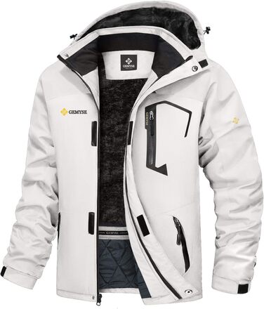 Чоловіча зимова куртка GEMYSE для катання на лижах, тепла, вітронепроникна, водонепроникна, дихаюча, з багатьма кишенями, з капюшоном, білий, розмір L