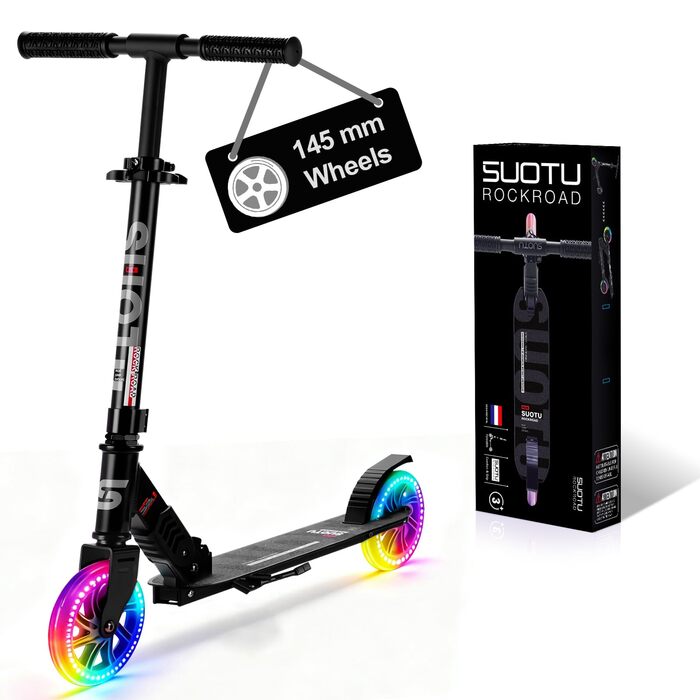 Самокат дитячий SUOTU з колесами 145 мм, до 100 кг, світлодіодами, складаний, регульована висота, для хлопчиків та дівчаток, алюмінієвий, чорний