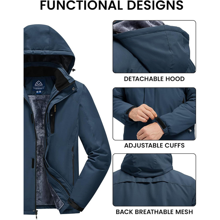 Куртка Rdruko для чоловіків: зимова, для сноуборду, тепла флісова, водонепроникна, функціональна, з капюшоном, біла (M, Denim Blue)