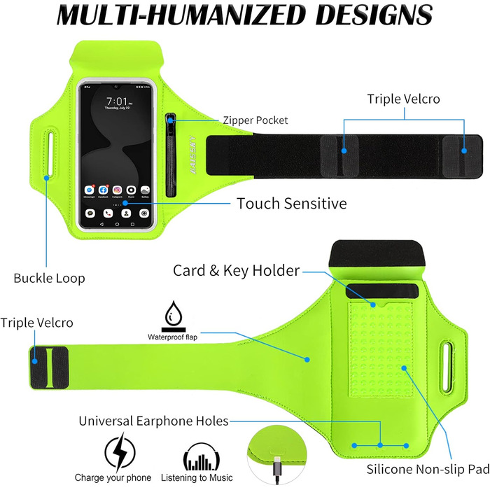 Спортивний браслет Haissky з кишенькою для навушників - рукав для телефону для iPhone 16 Pro Max/15 Pro/14/13 Pro/12 Plus, Huawei P70 Pro/P60 Pro/Mate 60, Xiaomi, Galaxy (до 6.9 дюймів) - сірий/зелений