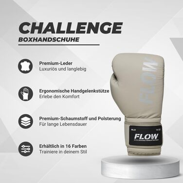 Боксерські рукавички Flow Challenge з натуральної шкіри для спарингу та тренувань, Муай Тай, кікбоксинг, ММА, бойові мистецтва, чоловічі та жіночі (Сірий, 14 oz)