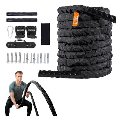 Тренувальне канат VEVOR Battle Rope - 9.1 м, поліестер, з захисною оболонкою та анкером. Для фітнесу вдома, тренування корпусу та пресу