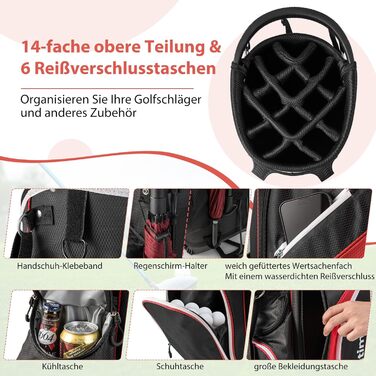 Сумка для гольфу GYMAX на штативі, 14 відділень, з водонепроникною накидкой, для чоловіків та жінок (червона)