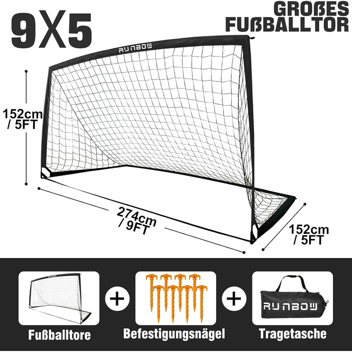 Ворота для футболу RUNBOW для дітей, портативні, для заднього двору, дитячі тренування, з сумкою для перенесення, 2.7 x 1.5 м, чорні