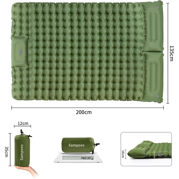 Надувний килимок для кемпінгу Isomatte 10см, самонадувний, з насосом, для туризму та відпочинку на природі (двоспальний, зелений)