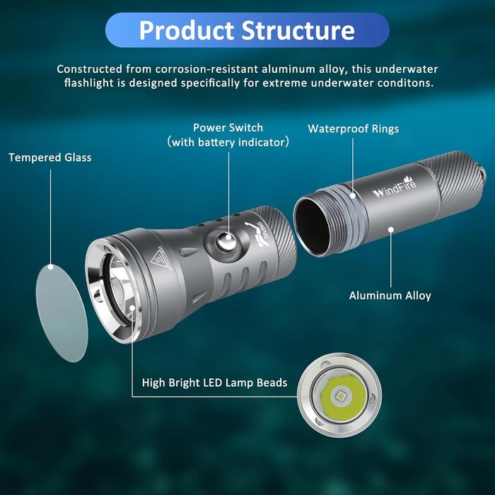 Ліхтар під водою WINDFIRE Taucher – потужний, водонепроникний, з індикатором заряду, 4 режими, кут променя 12°, для дайвінгу та снорклінгу (сірий)