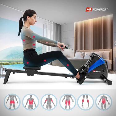 Веслувальний тренажер Hop-Sport Boost для дому, складаний, магнітна система, 10 рівнів, комп'ютер, синій, до 120 кг