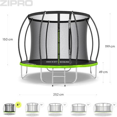 ZIPRO JumpPro Premium Трамплін для дітей Outdoor, Садовий трамплін з сіткою, Водостійкий, UV-захист, Легка збірка, Максимальне навантаження до 150 кг, Ø 252/312/374/435/496 см (10' - 252 см)